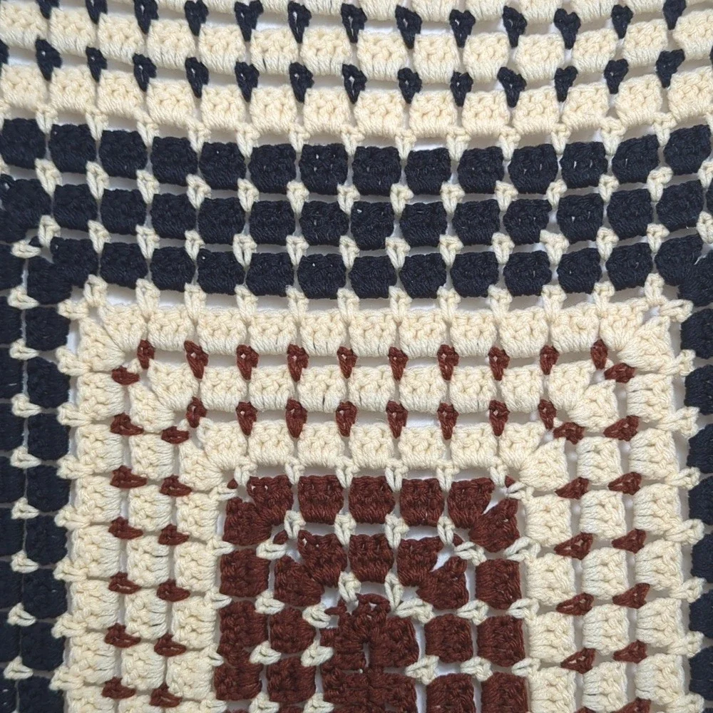 Vintage Handmade Crochet Afghan Granny Square‎ Blanket in Black Cream Brown Cozy